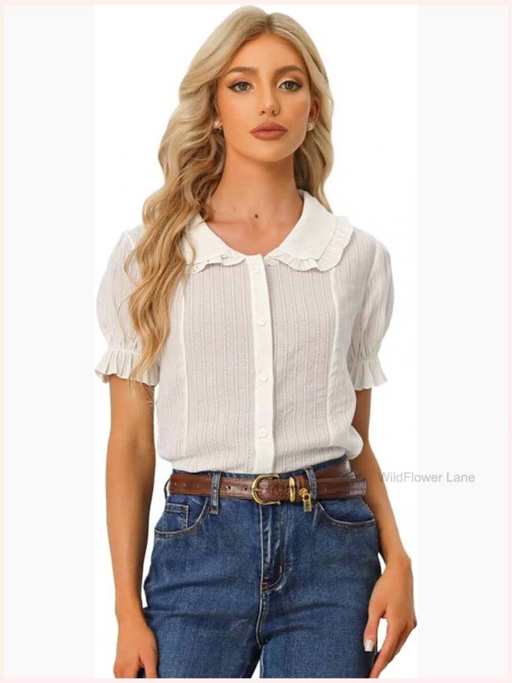 White Peter Pan Collar Button Down Shirt Short Sleeve Blouse